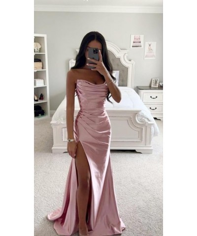 Strapless Satin Bridesmaid Dresses Long for Women Formal Pleated Mermaid Corset Prom Dress with Slit Rust $43.19 Dresses