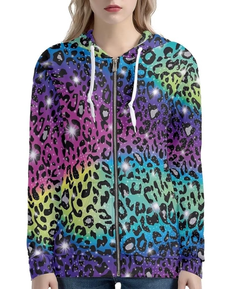 XS-5XL Zip Up Hoodie for Women Long Sleeve Comfortable Lightweight Hooded Sweatshirt for Sports Active Workout Rainbow Leopar...