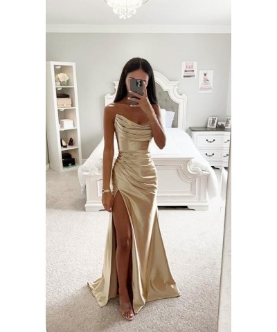 Strapless Satin Bridesmaid Dresses Long for Women Formal Pleated Mermaid Corset Prom Dress with Slit Rust $43.19 Dresses