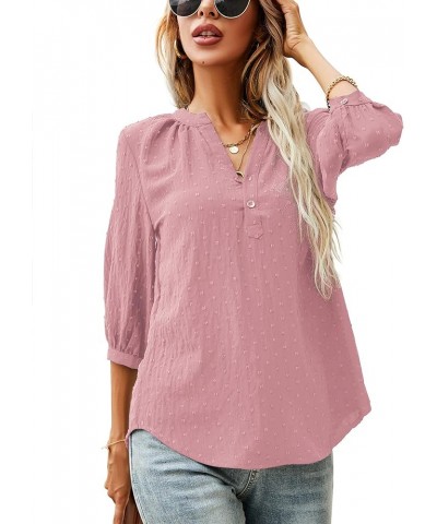 Women's Casual 3/4 Sleeve Henley V-Neck Button Up Pleated Back Blouses Swiss Dot Blouse Tops T-Shirts S-XXL Pink $16.66 Tops