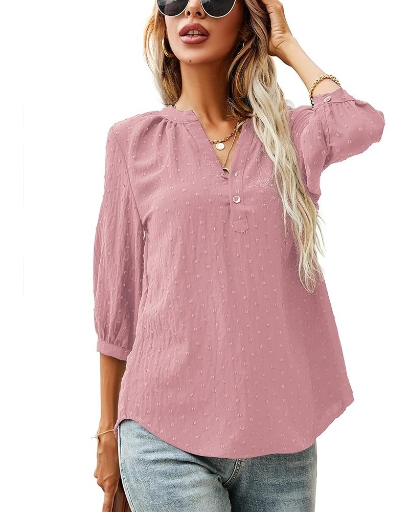 Women's Casual 3/4 Sleeve Henley V-Neck Button Up Pleated Back Blouses Swiss Dot Blouse Tops T-Shirts S-XXL Pink $16.66 Tops