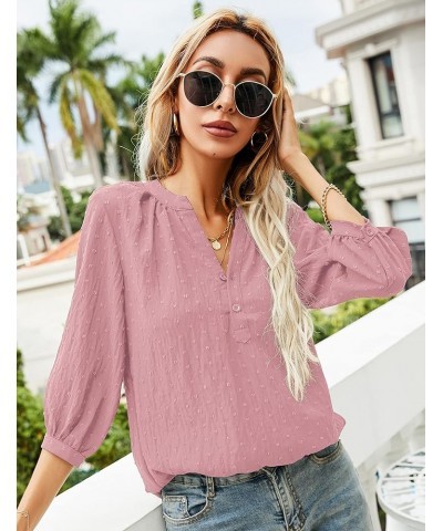 Women's Casual 3/4 Sleeve Henley V-Neck Button Up Pleated Back Blouses Swiss Dot Blouse Tops T-Shirts S-XXL Pink $16.66 Tops