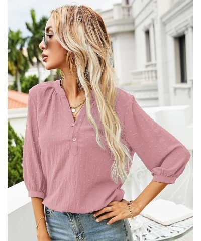 Women's Casual 3/4 Sleeve Henley V-Neck Button Up Pleated Back Blouses Swiss Dot Blouse Tops T-Shirts S-XXL Pink $16.66 Tops