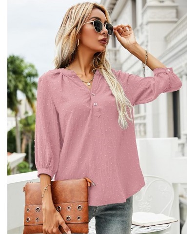 Women's Casual 3/4 Sleeve Henley V-Neck Button Up Pleated Back Blouses Swiss Dot Blouse Tops T-Shirts S-XXL Pink $16.66 Tops