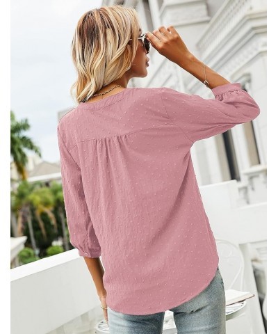 Women's Casual 3/4 Sleeve Henley V-Neck Button Up Pleated Back Blouses Swiss Dot Blouse Tops T-Shirts S-XXL Pink $16.66 Tops