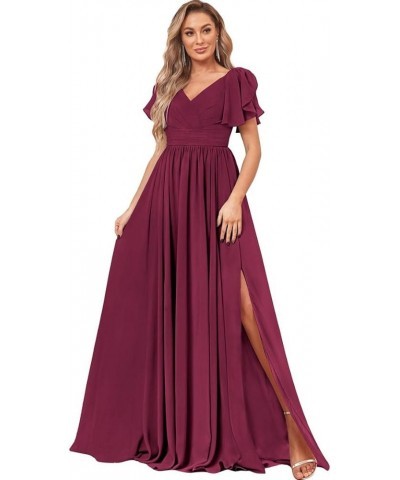 Women's V Neck Bridesmaid Dresses with Slit Short Sleeve Pleated Long Chiffon Formal Evening Dresses Desert Rose $40.49 Dresses