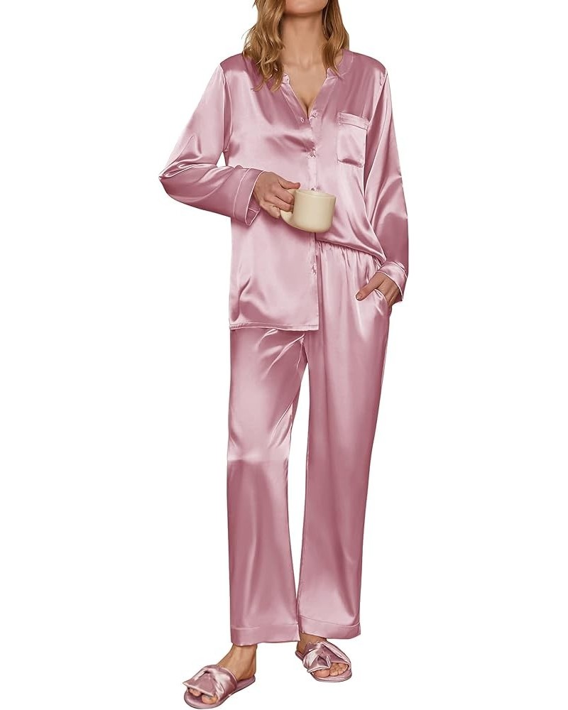 Satin Pajamas Set Women's Long Sleeve Sleepwear Classic Button Down Loungewear V-Neck Silk Pjs with Pockets Pink $15.19 Sleep...