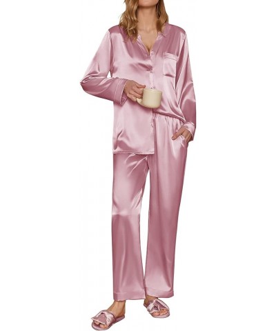 Satin Pajamas Set Women's Long Sleeve Sleepwear Classic Button Down Loungewear V-Neck Silk Pjs with Pockets Pink $15.19 Sleep...