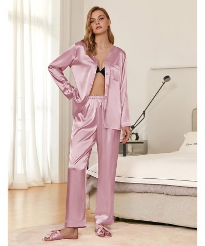 Satin Pajamas Set Women's Long Sleeve Sleepwear Classic Button Down Loungewear V-Neck Silk Pjs with Pockets Pink $15.19 Sleep...