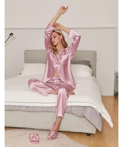 Satin Pajamas Set Women's Long Sleeve Sleepwear Classic Button Down Loungewear V-Neck Silk Pjs with Pockets Pink $15.19 Sleep...