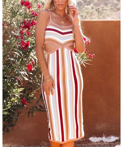 Women Bodycon Backless Cut Out Maxi Dress Sexy Colorblock Knit Long Midi Dress Y2k Cocktail Party Summer Cami Dress Stripe Re...