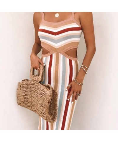 Women Bodycon Backless Cut Out Maxi Dress Sexy Colorblock Knit Long Midi Dress Y2k Cocktail Party Summer Cami Dress Stripe Re...