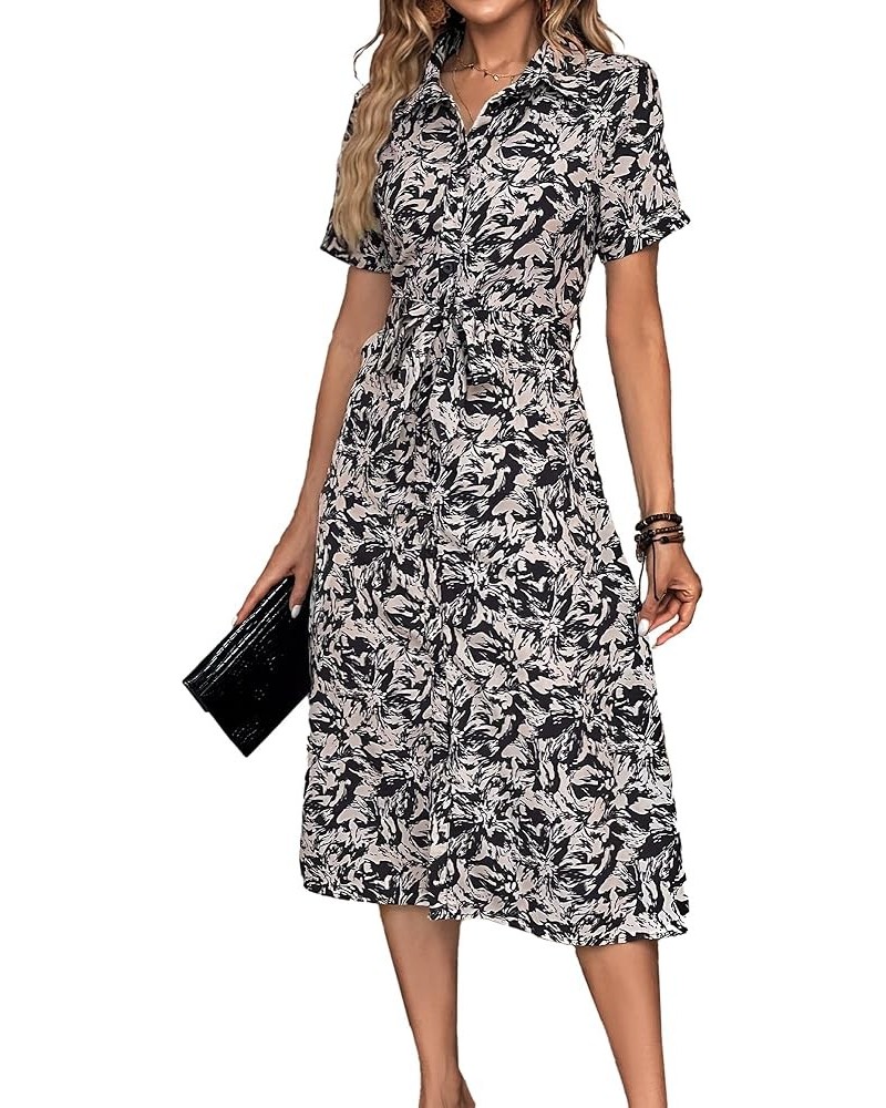 Women's 2024 Summer Short Sleeve Shirt Dress Tie Waist Button Down Animals Texture Casual Midi Dress Black $24.77 Dresses