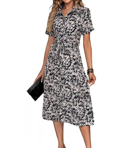 Women's 2024 Summer Short Sleeve Shirt Dress Tie Waist Button Down Animals Texture Casual Midi Dress Black $24.77 Dresses