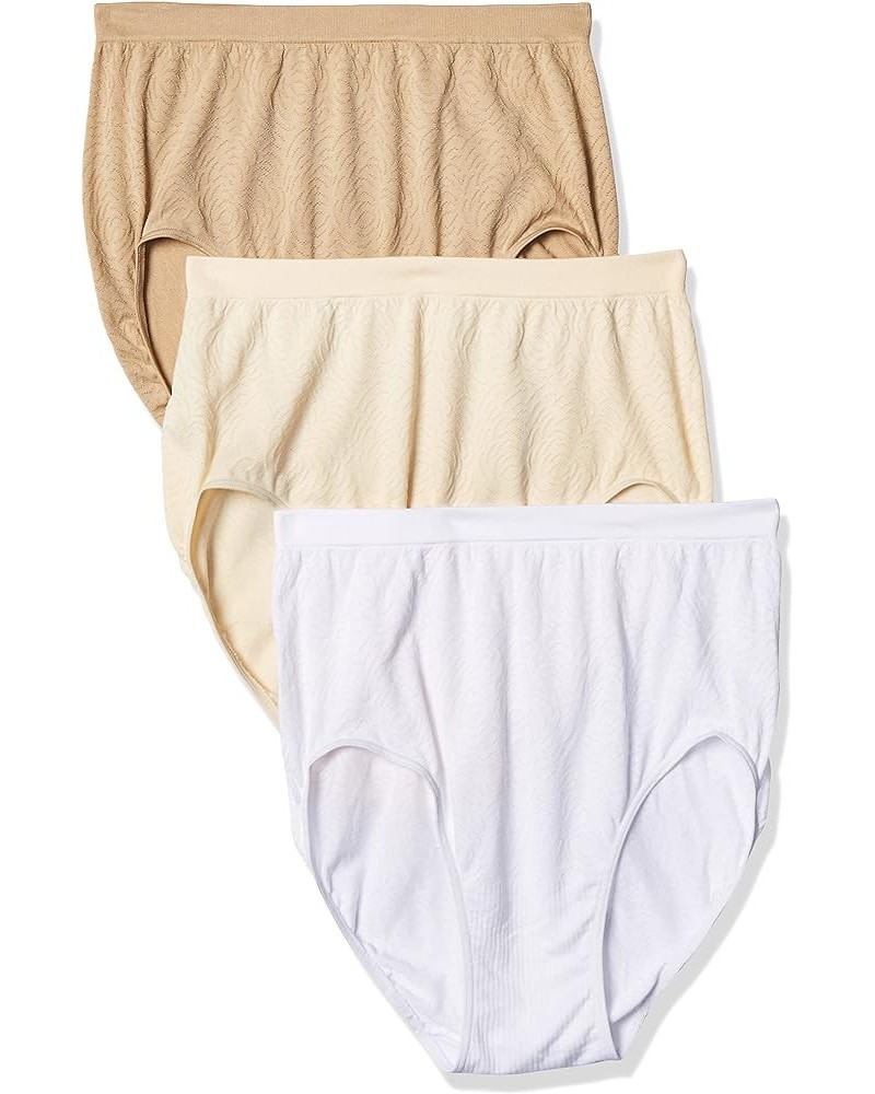 Women's Comfort Revolution Seamless Brief Panty, High Rise Microfiber Stretch Underwear 3 Pack - Light Beige Damask/White Dam...