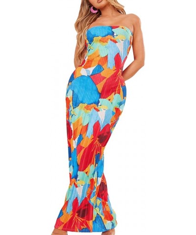 Womens Sexy Strapless Ruched Tube Maxi Dress Sleeveless Off Shoulder Backless Slim Fit Long Dress Night Party Dress Blue Red ...