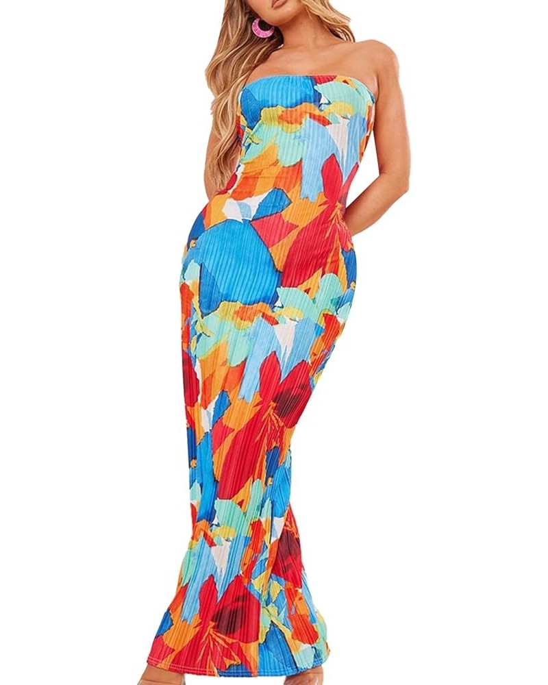 Womens Sexy Strapless Ruched Tube Maxi Dress Sleeveless Off Shoulder Backless Slim Fit Long Dress Night Party Dress Blue Red ...