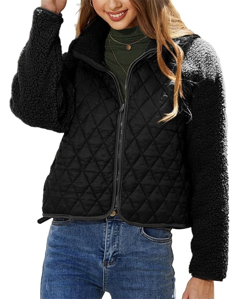 Women's 2023 Fall Winter Long Sleeve Fleece Jacket Casual Lapel Collar Zipper Sherpa Coat Outerwear Black $18.89 Jackets