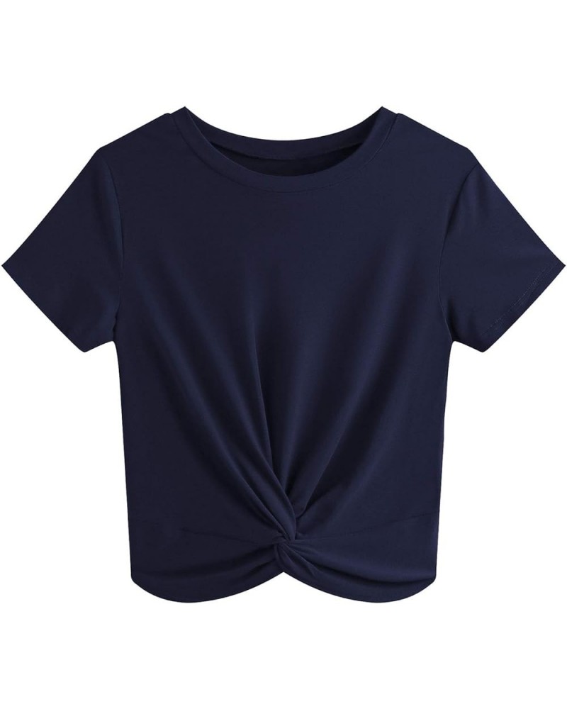 Women's Summer Causal Short Sleeve Blouse Round Neck Crop Tops Twist Front Tee T-Shirt A5 Navy Blue $13.24 T-Shirts