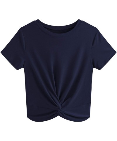 Women's Summer Causal Short Sleeve Blouse Round Neck Crop Tops Twist Front Tee T-Shirt A5 Navy Blue $13.24 T-Shirts