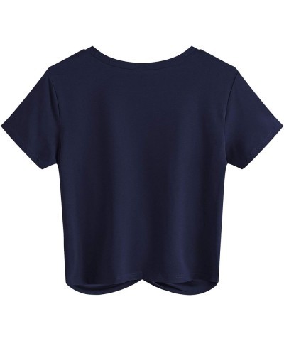 Women's Summer Causal Short Sleeve Blouse Round Neck Crop Tops Twist Front Tee T-Shirt A5 Navy Blue $13.24 T-Shirts