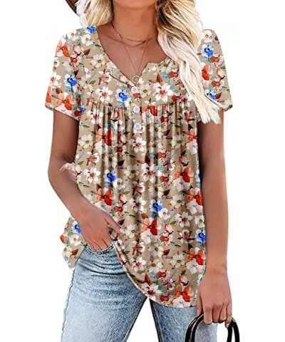 Womens Summer Plus Size Tops Blouses Short Sleeve Shirts Lace Pleated Tunic Tops M-4XL A1-a-khak Flowers $10.45 Tops