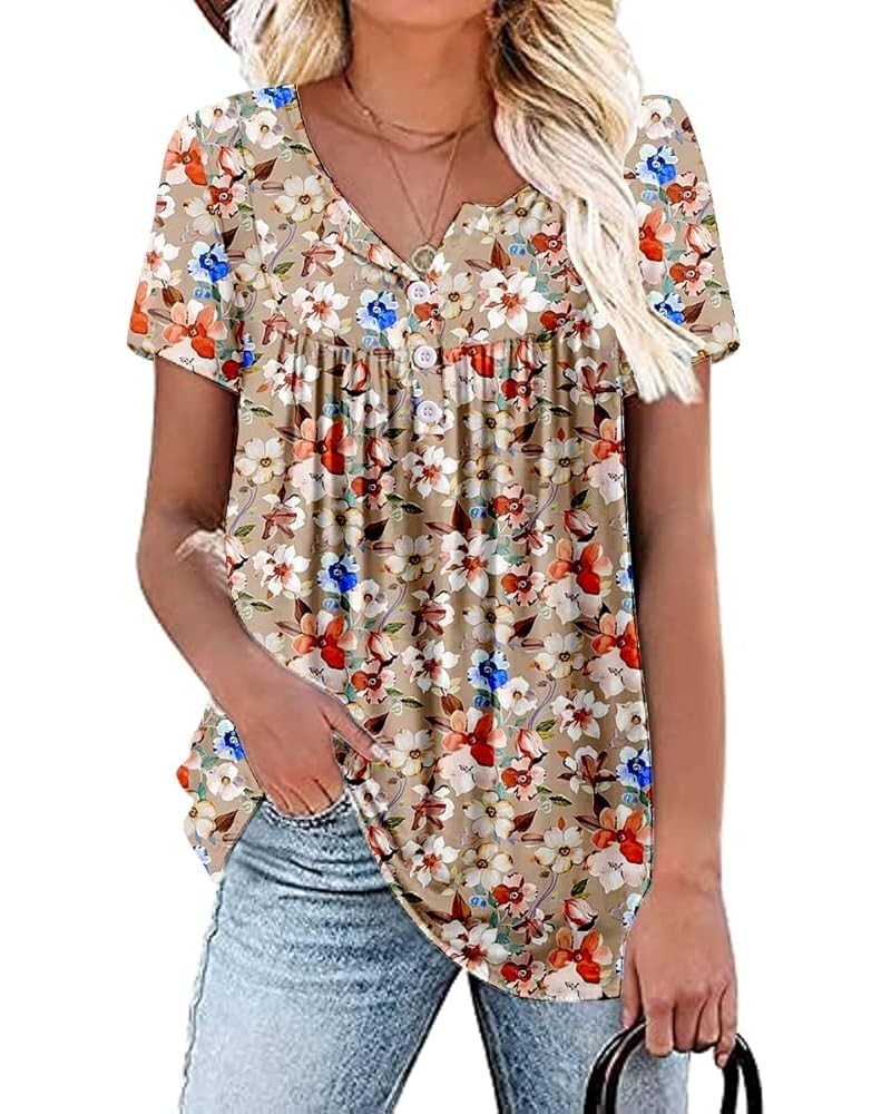 Womens Summer Plus Size Tops Blouses Short Sleeve Shirts Lace Pleated Tunic Tops M-4XL A1-a-khak Flowers $10.45 Tops