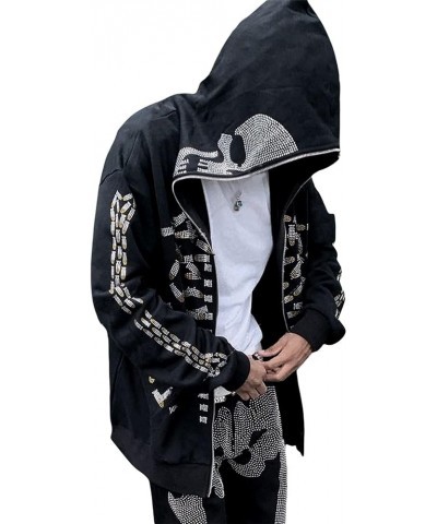 Y2k Hoodie Graphic Jackets Rhinestone Oversized Full Zip Up Hoodies for Women Men Aesthetic Goth Punk Halloween Clothes Black...