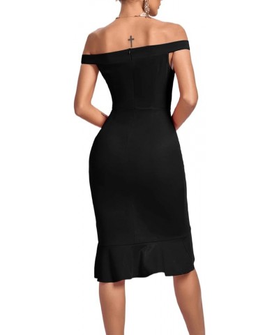 Women's Off Shoulder Ruffle Split Hem Bodycon Party Club Midi Dress Black $21.93 Dresses