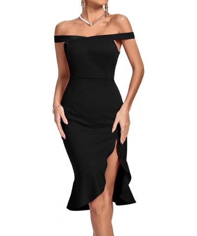 Women's Off Shoulder Ruffle Split Hem Bodycon Party Club Midi Dress Black $21.93 Dresses