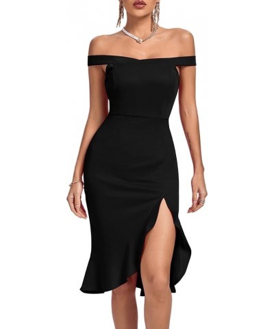 Women's Off Shoulder Ruffle Split Hem Bodycon Party Club Midi Dress Black $21.93 Dresses