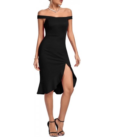 Women's Off Shoulder Ruffle Split Hem Bodycon Party Club Midi Dress Black $21.93 Dresses