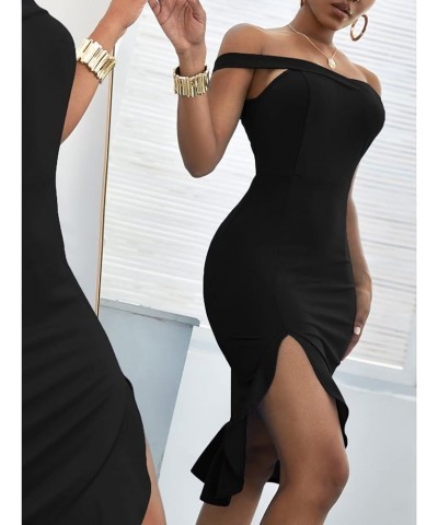 Women's Off Shoulder Ruffle Split Hem Bodycon Party Club Midi Dress Black $21.93 Dresses