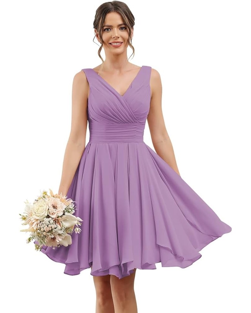 Double V Neck Short Bridesmaid Dresses for Women 2024 Chiffon A Line Formal Evening Gowns with Pockets YJ114 Dusty Purple $25...