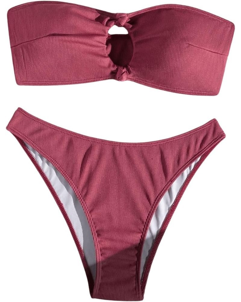 Women's Strapless Swimsuit Cut Out Bandeau High Cut Thong Bikini Set Bathing Suit Burgundy $14.78 Swimsuits