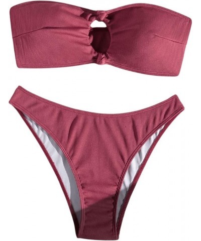 Women's Strapless Swimsuit Cut Out Bandeau High Cut Thong Bikini Set Bathing Suit Burgundy $14.78 Swimsuits