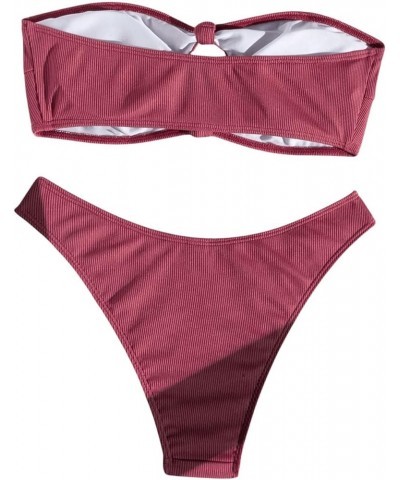 Women's Strapless Swimsuit Cut Out Bandeau High Cut Thong Bikini Set Bathing Suit Burgundy $14.78 Swimsuits