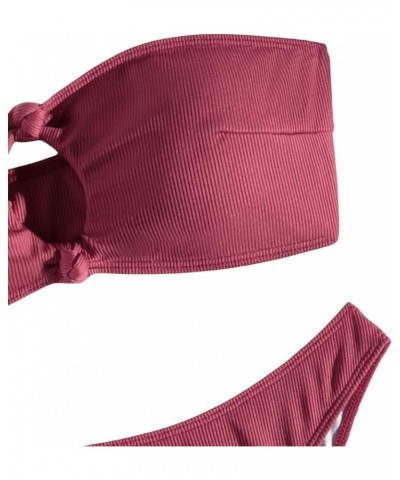 Women's Strapless Swimsuit Cut Out Bandeau High Cut Thong Bikini Set Bathing Suit Burgundy $14.78 Swimsuits