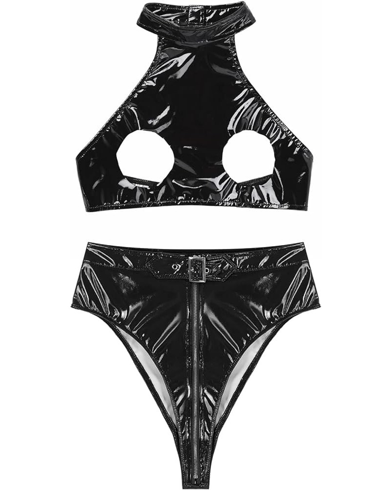 Women's Faux Leather Sexy Triangle Padded Bathing Suit 2 Pieces Swimsuit Bikini Set Swimwear Black D $11.19 Swimsuits