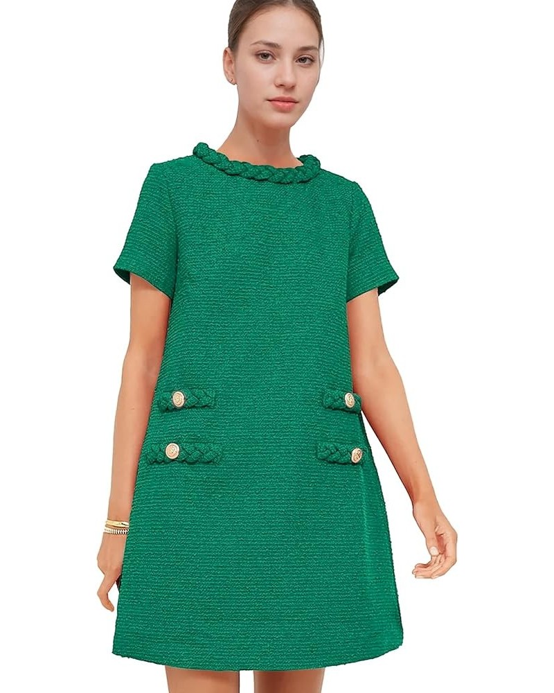 Womens Elegant Tweed Dress Short Sleeve Crew Neck A-line Bodycon Mini Skirt Party Business Holiday Dresses for Women Green $2...