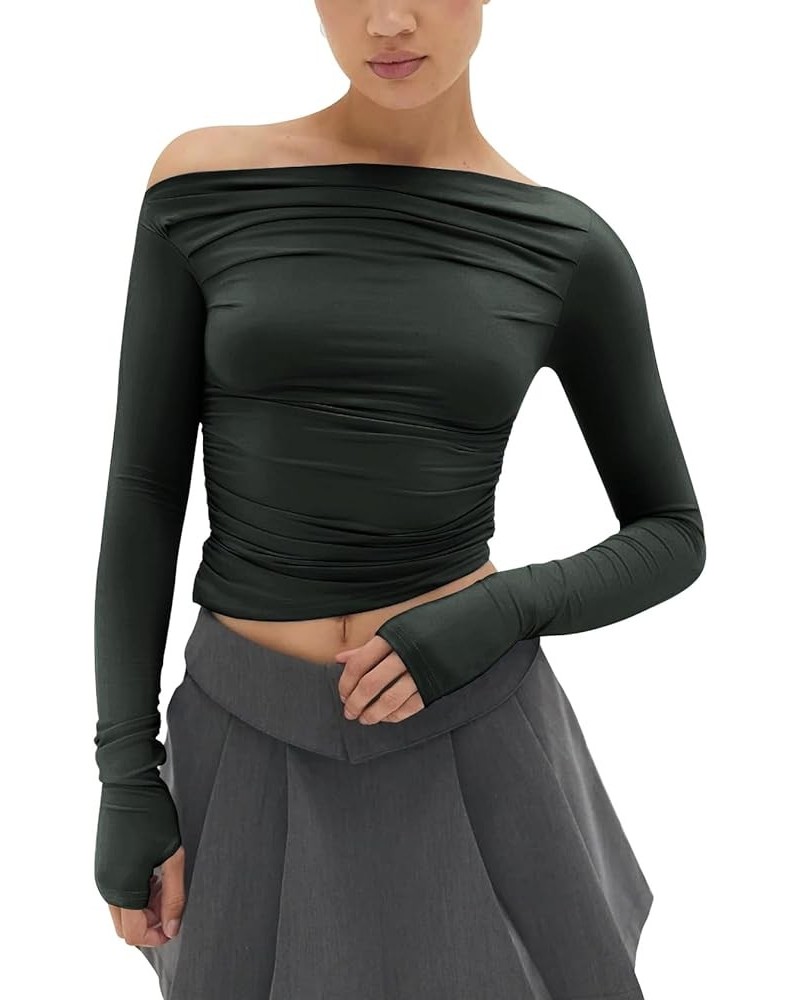 Women's Sexy Off Shoulder Asymmetrical Tops Ruched Long Sleeve Boat Neck Cropped Y2K Tee Shirts Soft Dark Green $16.50 T-Shirts