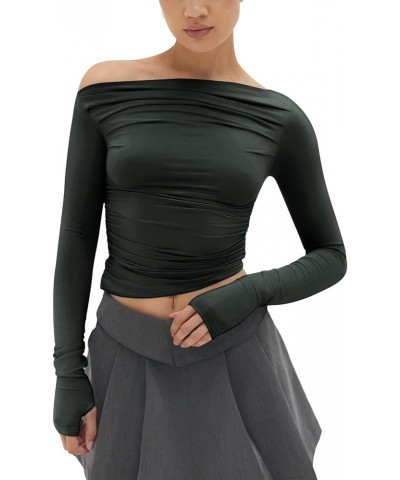 Women's Sexy Off Shoulder Asymmetrical Tops Ruched Long Sleeve Boat Neck Cropped Y2K Tee Shirts Soft Dark Green $16.50 T-Shirts