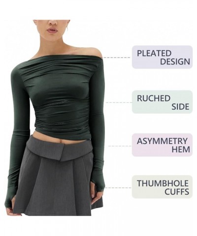 Women's Sexy Off Shoulder Asymmetrical Tops Ruched Long Sleeve Boat Neck Cropped Y2K Tee Shirts Soft Dark Green $16.50 T-Shirts