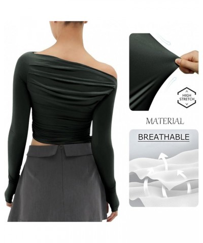 Women's Sexy Off Shoulder Asymmetrical Tops Ruched Long Sleeve Boat Neck Cropped Y2K Tee Shirts Soft Dark Green $16.50 T-Shirts