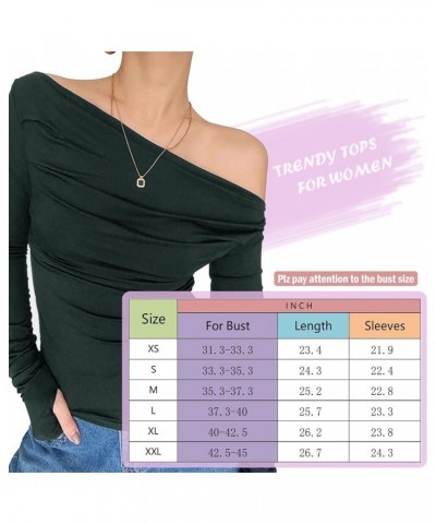 Women's Sexy Off Shoulder Asymmetrical Tops Ruched Long Sleeve Boat Neck Cropped Y2K Tee Shirts Soft Dark Green $16.50 T-Shirts