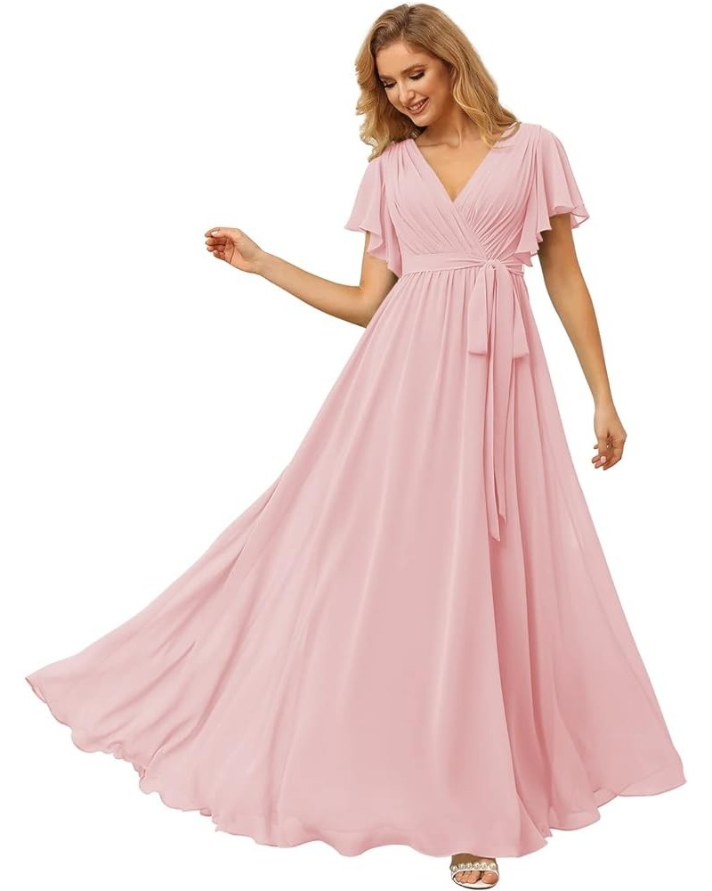 Flutter Sleeve Chiffon Bridesmaid Dress Long with Pockets V Neck Pleated Formal Dress for Women RS037 Light Pink $34.00 Dresses