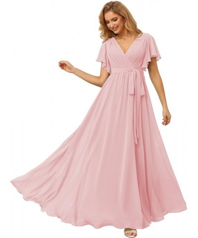 Flutter Sleeve Chiffon Bridesmaid Dress Long with Pockets V Neck Pleated Formal Dress for Women RS037 Light Pink $34.00 Dresses