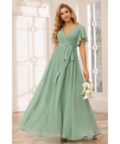 Flutter Sleeve Chiffon Bridesmaid Dress Long with Pockets V Neck Pleated Formal Dress for Women RS037 Light Pink $34.00 Dresses