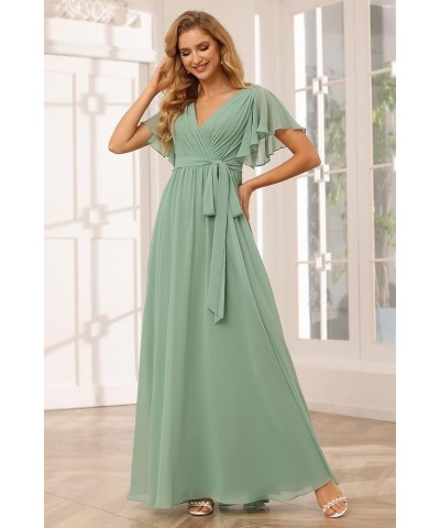 Flutter Sleeve Chiffon Bridesmaid Dress Long with Pockets V Neck Pleated Formal Dress for Women RS037 Light Pink $34.00 Dresses