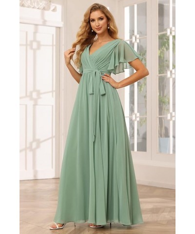 Flutter Sleeve Chiffon Bridesmaid Dress Long with Pockets V Neck Pleated Formal Dress for Women RS037 Light Pink $34.00 Dresses